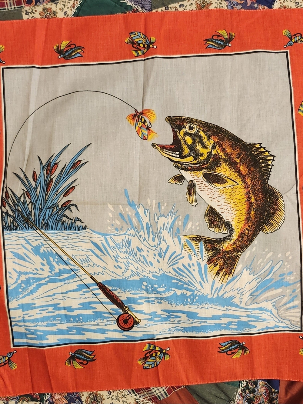 NOS Vtg 80s Fishing Themed Decorative Bandana Made In The USA